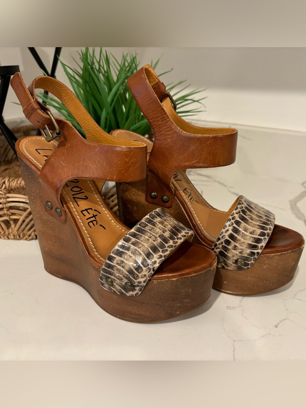 Lanvin 2012 Ete Watersnake Wooden Wedge Platform Sandal Leather Chunky Womens 39